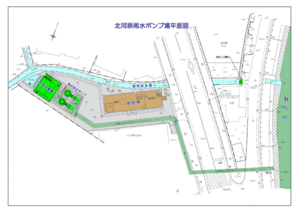 北河原雨水ポンプ場の平面図