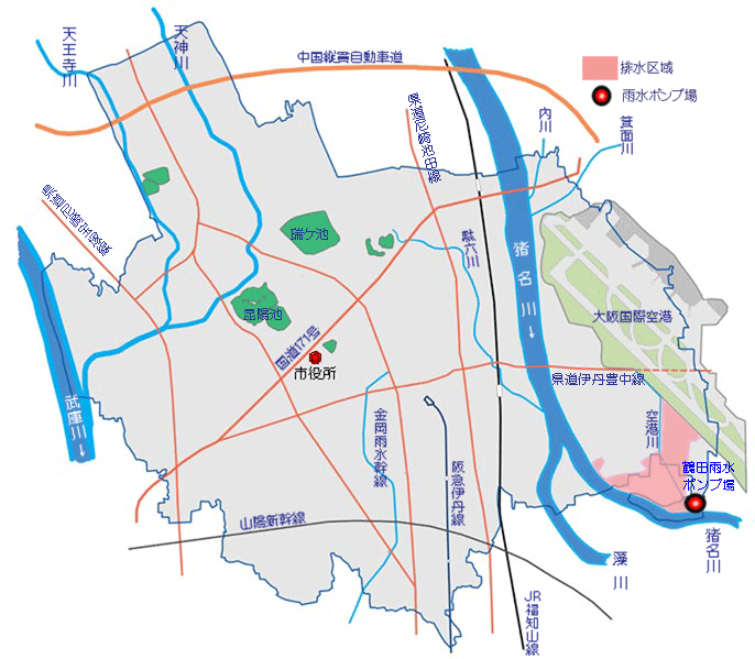 鶴田雨水ポンプ場排水区域の図