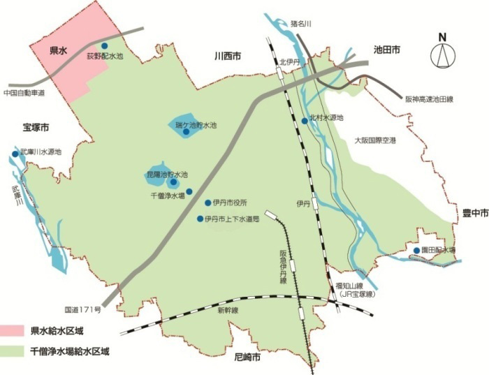 千僧浄水場の給水区域を示した地図画像